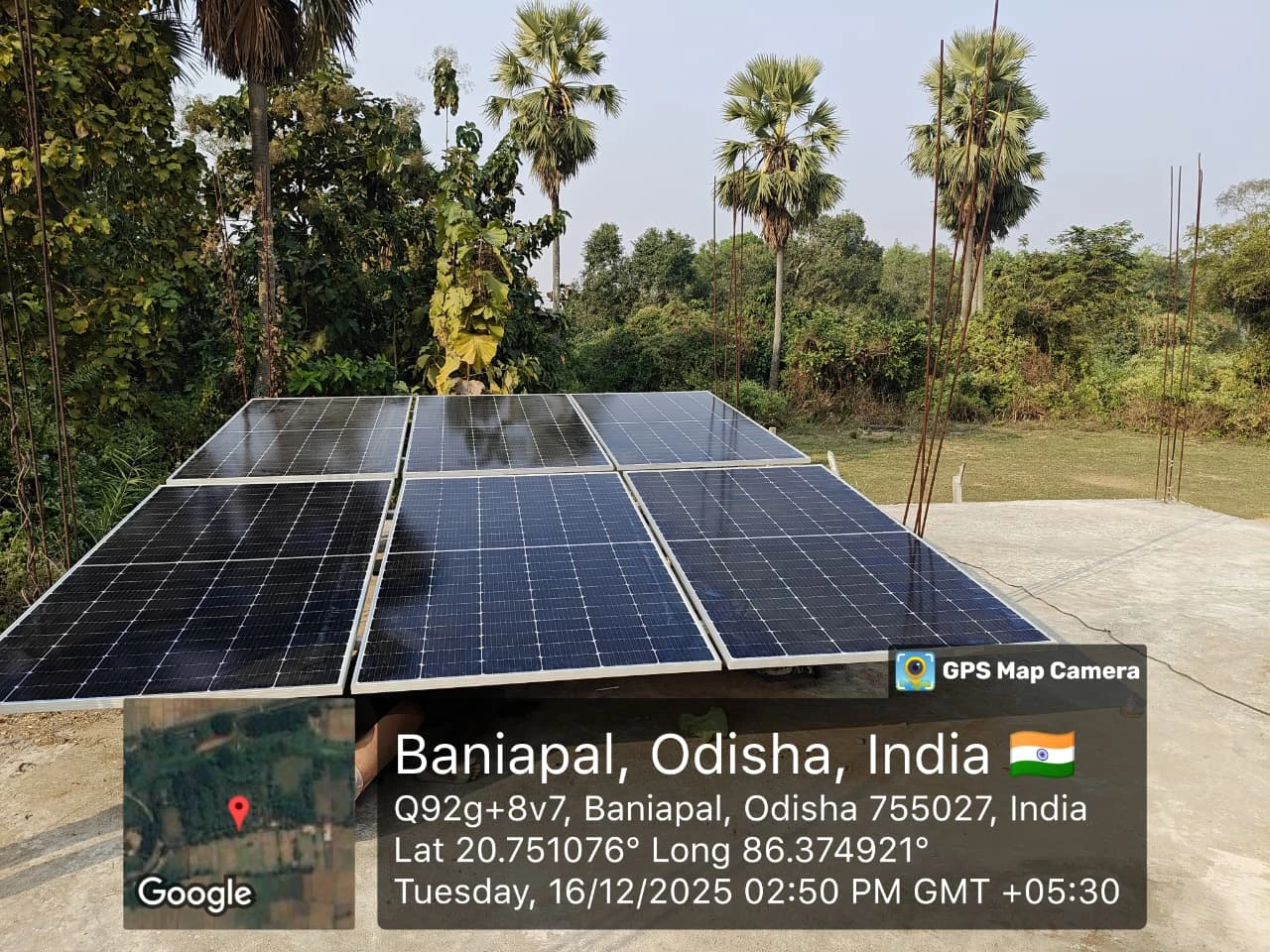 Rooftop array and inverter installation at the 3 kW HELLOCON residential project in Baniapal