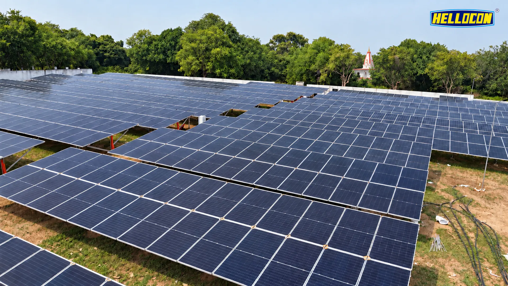 Elevated panel tables on steel legs at the HELLOCON 300 kWp ground-mounted solar plant in Sambalpur