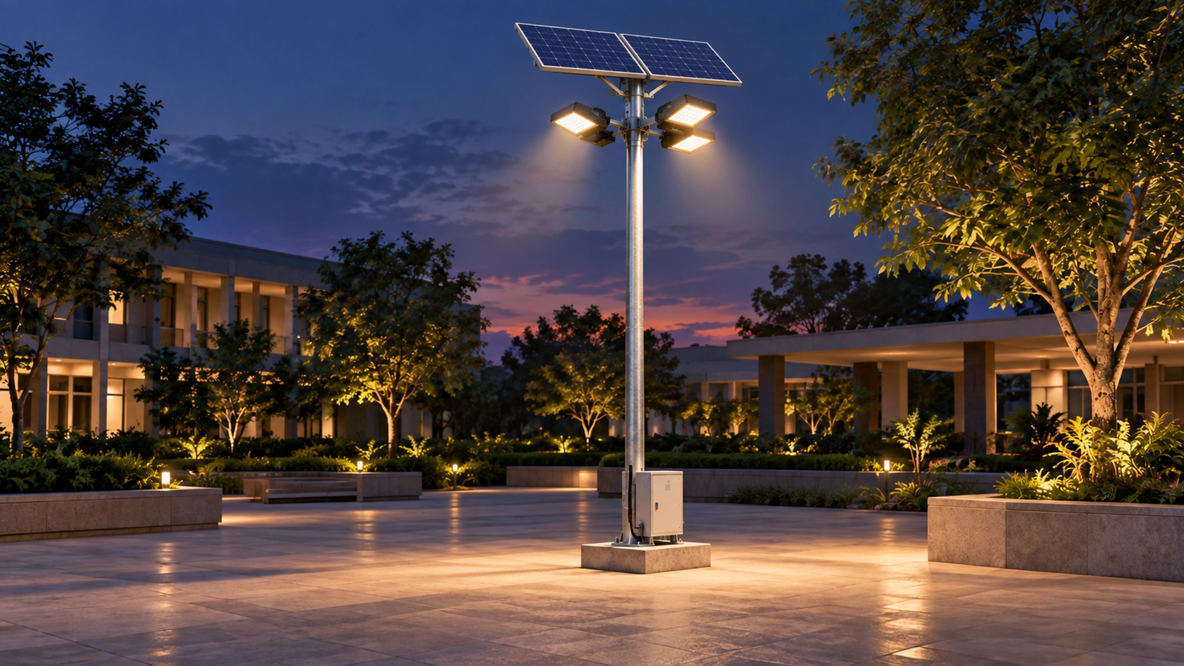 Complete compact solar mini mast with LED crown, separate photovoltaic array and equipment enclosure, generated concept image