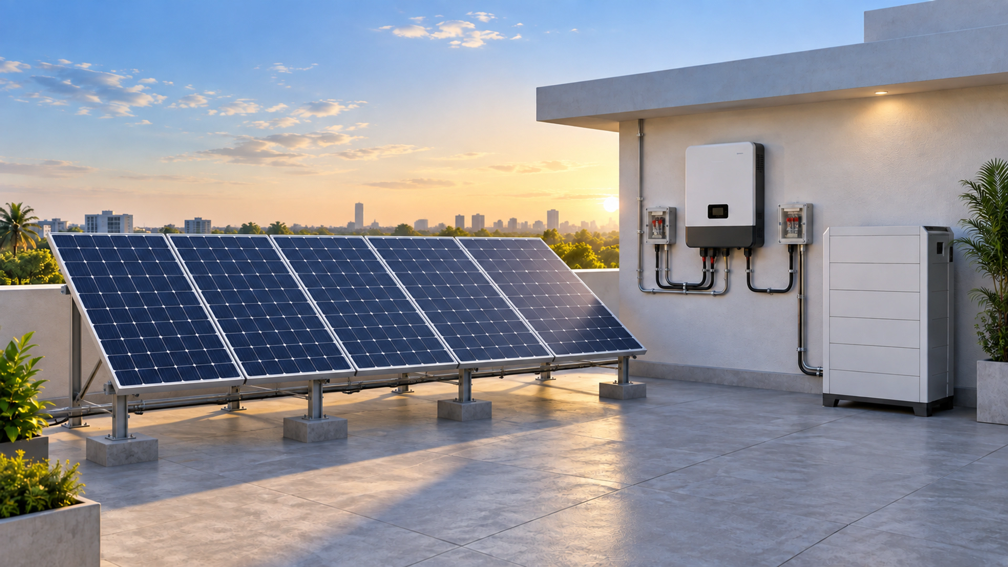 Photovoltaic array, inverter and LiFePO₄ cabinet, generated concept; the grid interface is shown in the adjoining interactive model
