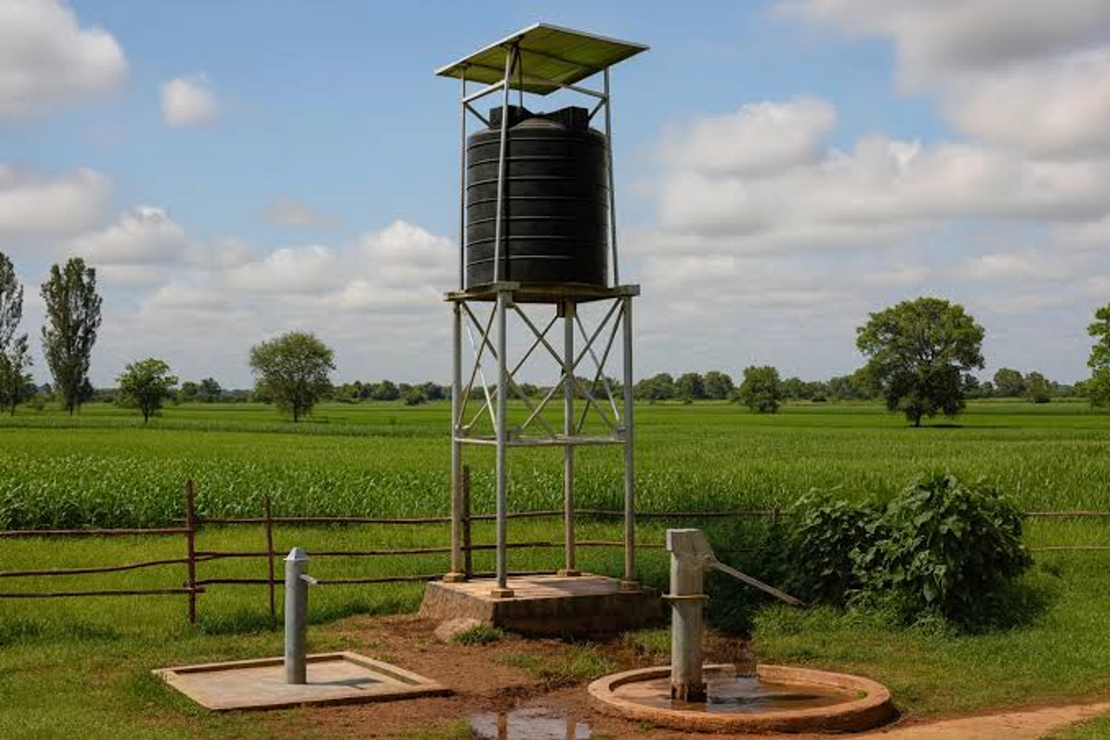 Solar dual pump — tank, hand pump and stand tap. Owner-supplied installation reference.