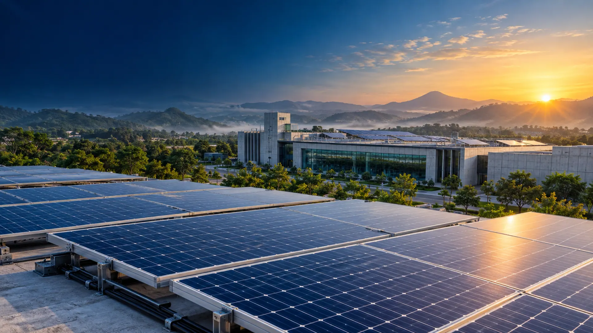Illustrative solar infrastructure landscape at sunrise